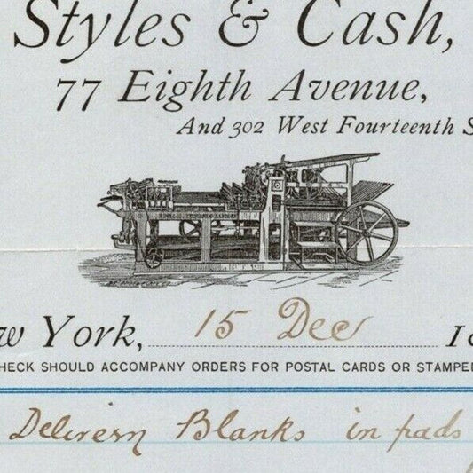 1887 Styles & Cash Book and Job Printers Billhead Letterhead 77 8th Ave NYC