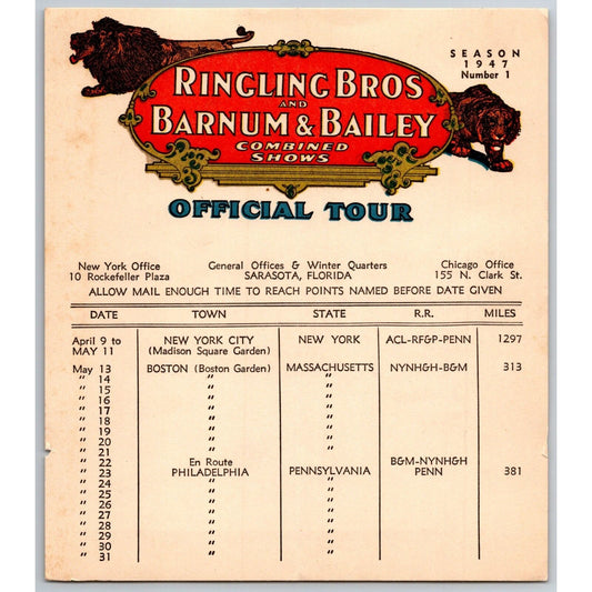 1947 Ringling Bros Barnum Bailey Circus Route Card Boston Garden Philadelphia