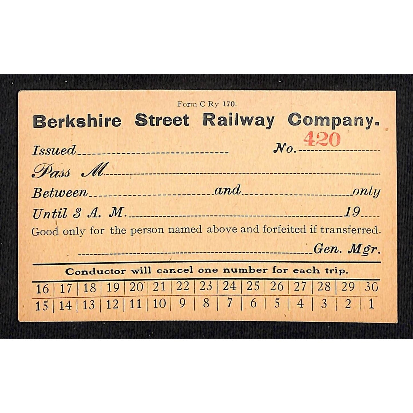 Berkshire Street Railway (1902-1941) NOS 30-Ride Pass / Ticket #9857 Scarce