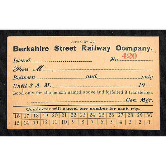 Berkshire Street Railway (1902-1941) NOS 30-Ride Pass / Ticket #9857 Scarce