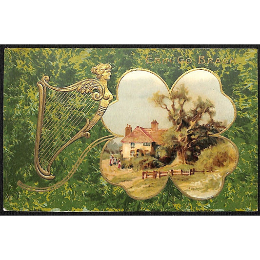 Ireland Postcard "Erin Go Bragh" Clover Hart Gilt Home Scene c1908-1915