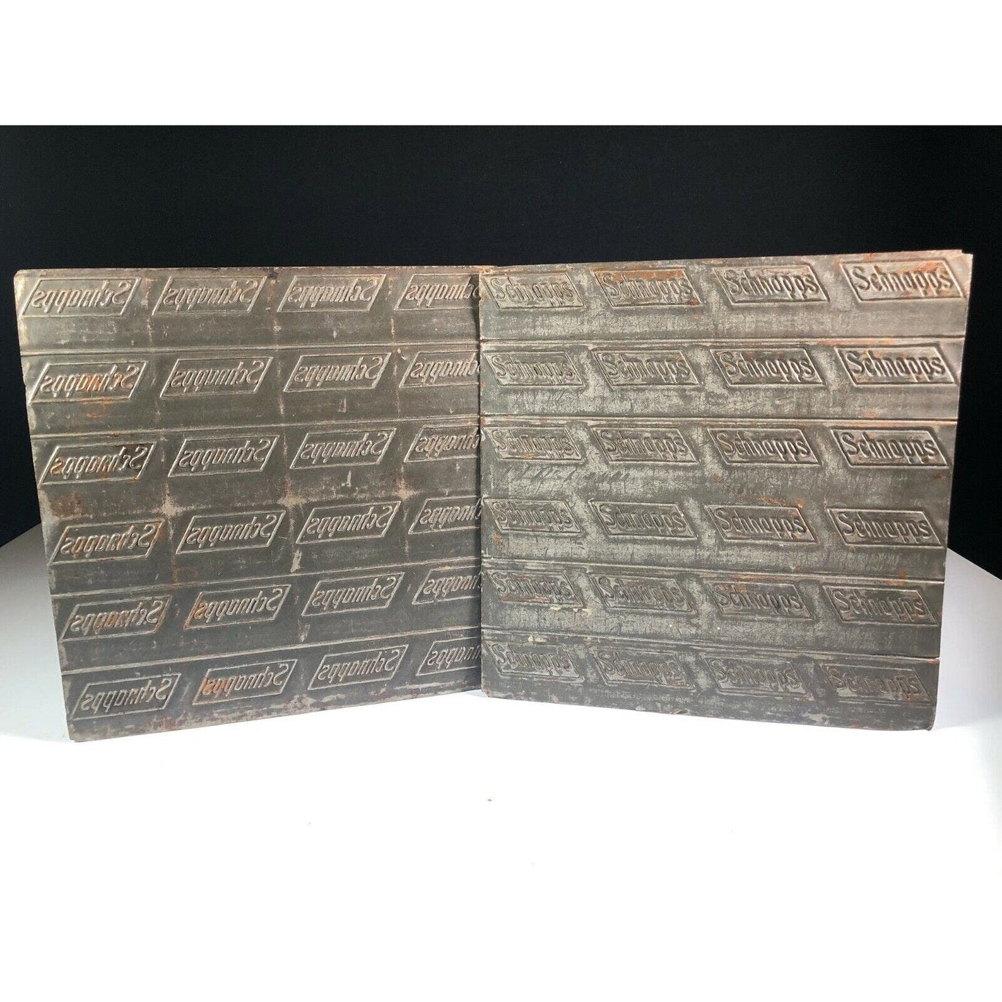 Pair Of 1920's Tin Schnapps Chewing Tobacco Inprint Plates