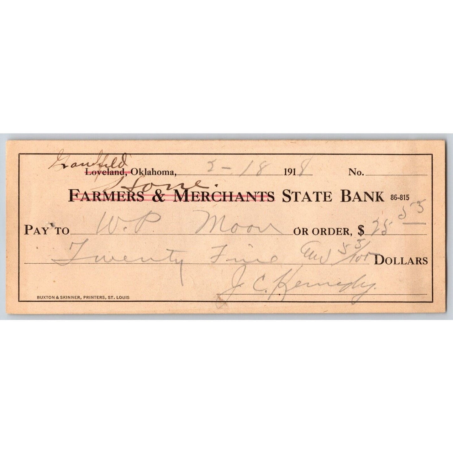 Grandfield / Loveland, Oklahoma 1918 Home / Farmers and Merchants Bank Check