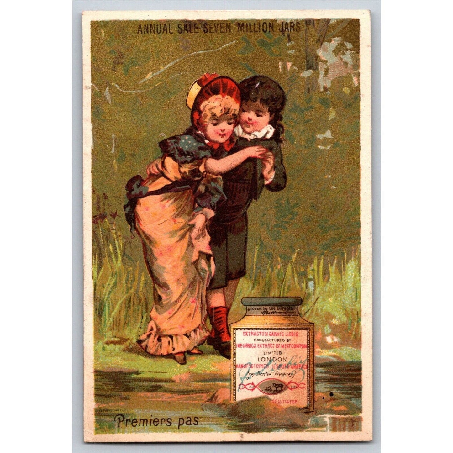 Boy Holds Girl Near Water's Edge Victorian Trade Card Liebig Extract of Meat