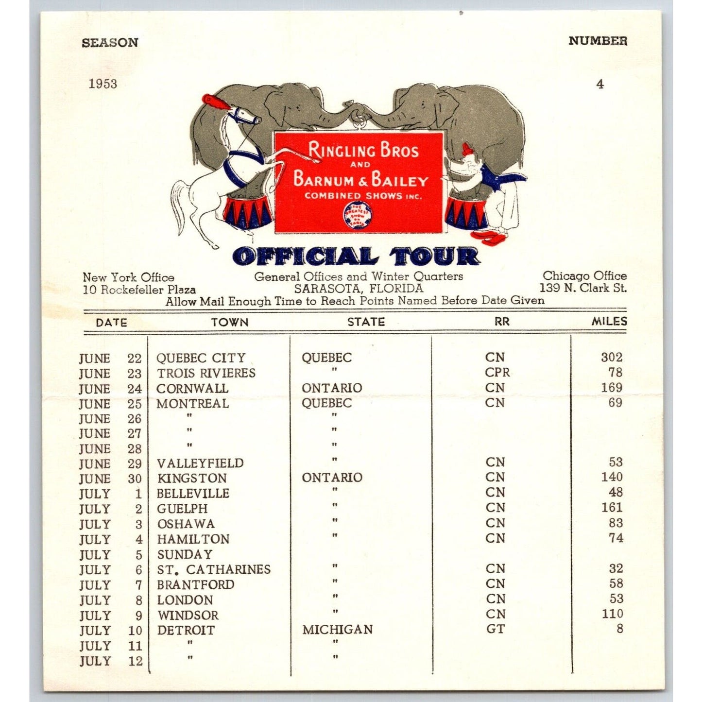 1953 Ringling Bros Barnum Bailey Circus Route Card Montreal Ontario Detroit
