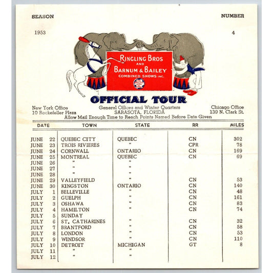1953 Ringling Bros Barnum Bailey Circus Route Card Montreal Ontario Detroit