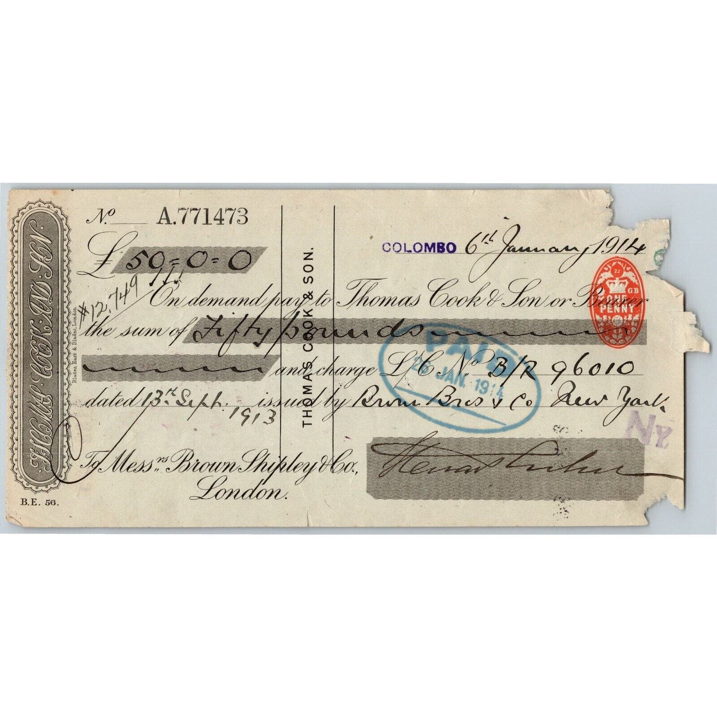 1914 Brown & Shipley Co. London // Thomas Cook & Son Bank Check w/ Tax Stamps