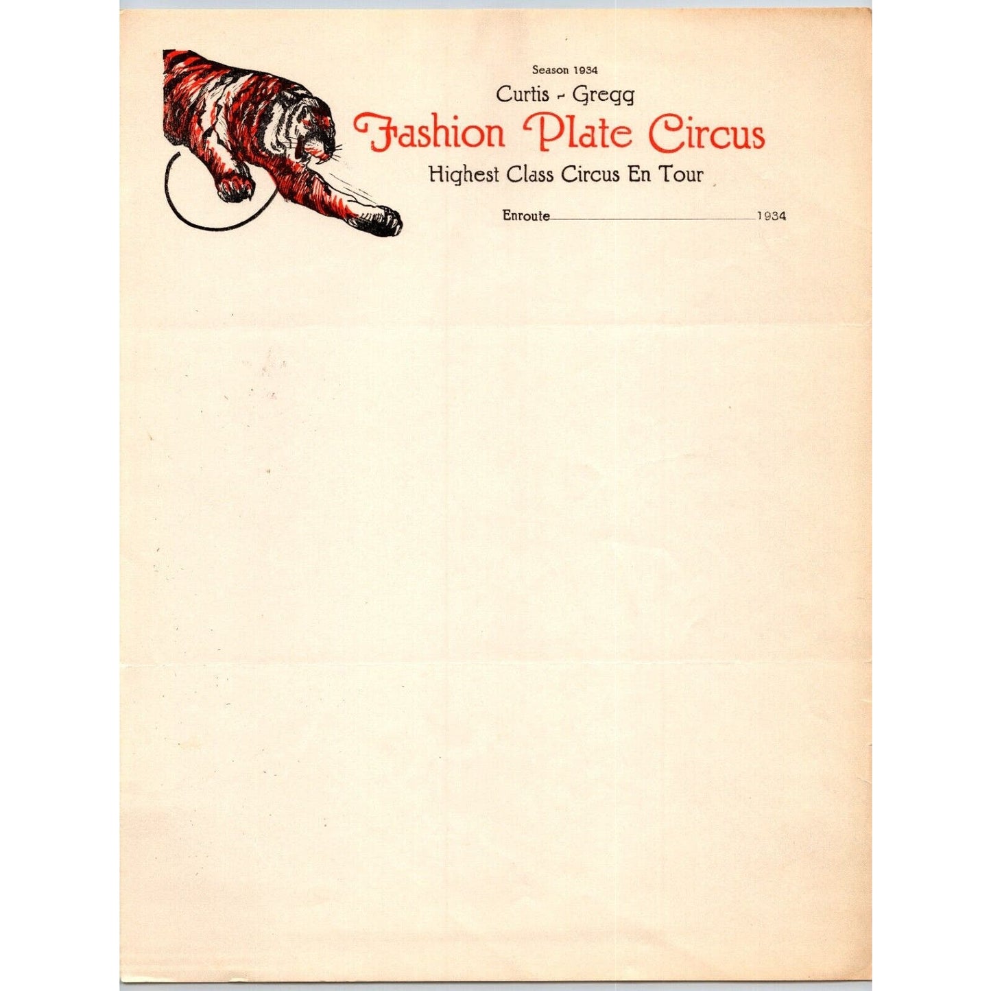 Curtis Gregg Fashion Plate Circus Letterhead 1934 "Highest Class Circus" Scarce
