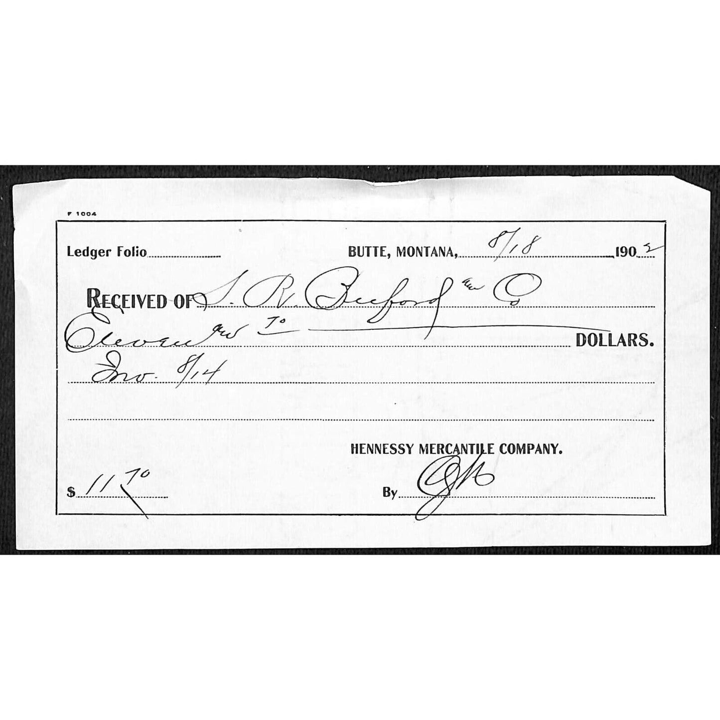 Butte Montana S.R. Buford 1902 Hennessy Mercantile Co. Payment Receipt
