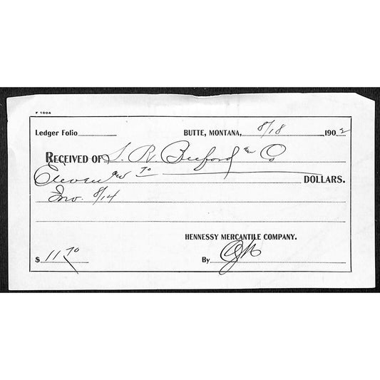 Butte Montana S.R. Buford 1902 Hennessy Mercantile Co. Payment Receipt