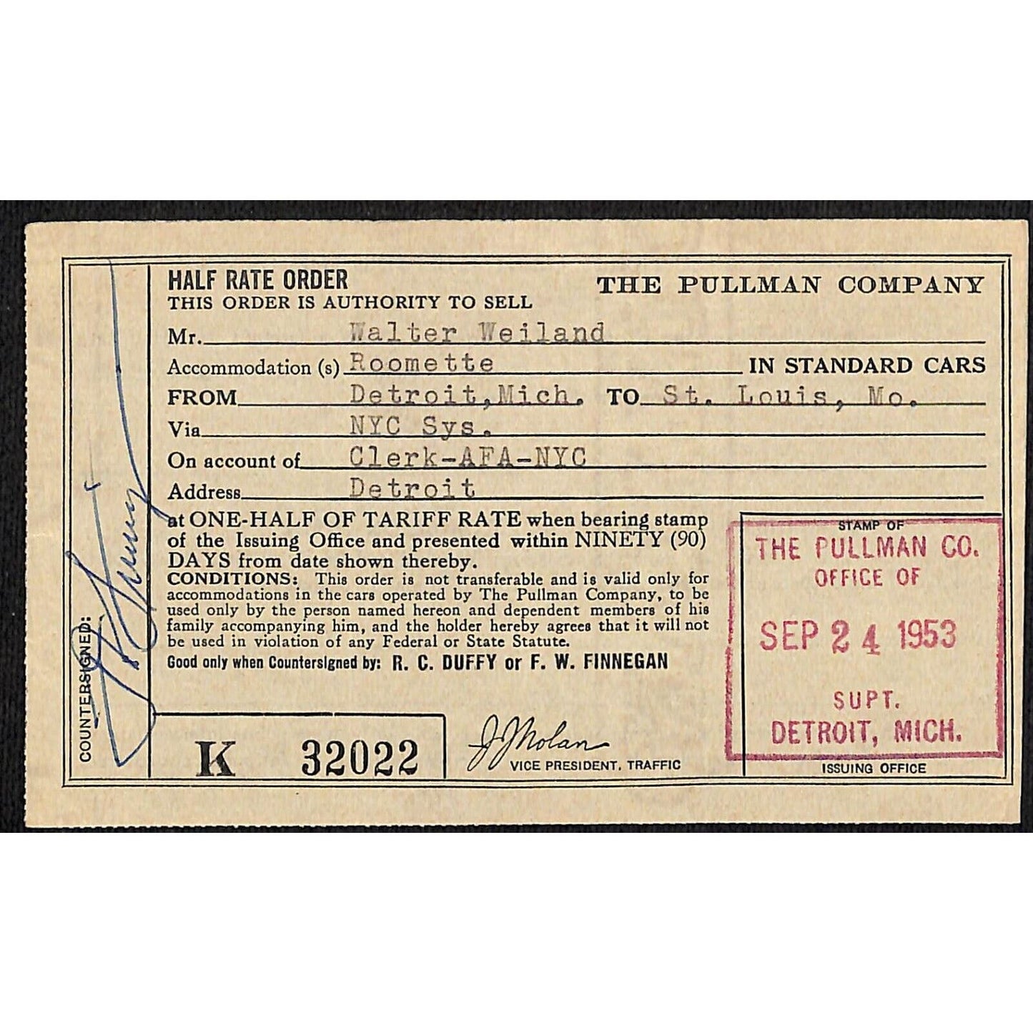 1953 Pullman Company "Half Rate Order" Form / Ticket - VGC