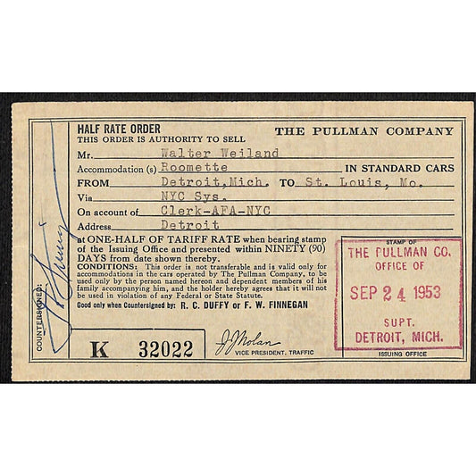 1953 Pullman Company "Half Rate Order" Form / Ticket - VGC