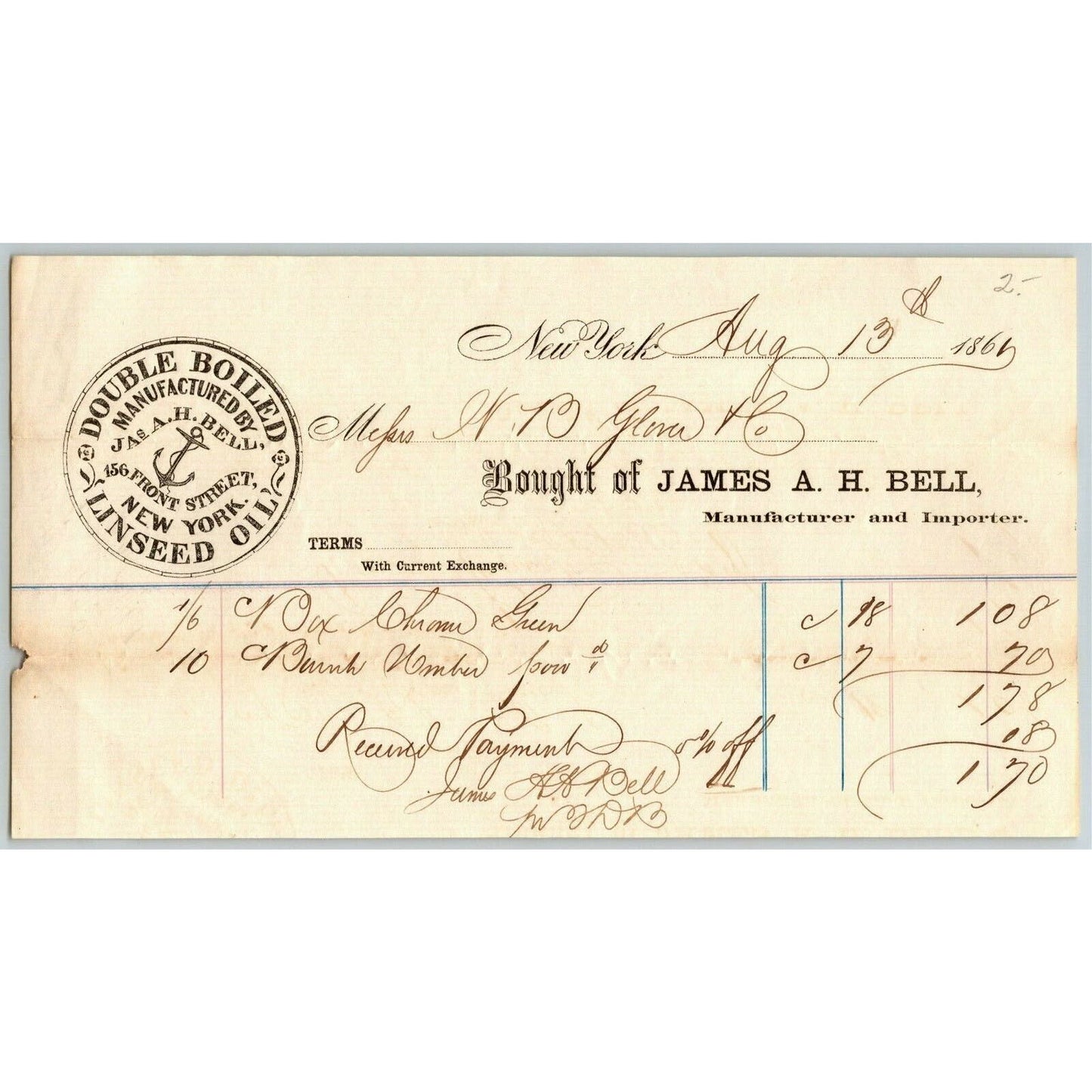 James A.H. Bell Linseed Oil - Glover, Warner & Clarke Sandy Hook Letterhead 1861