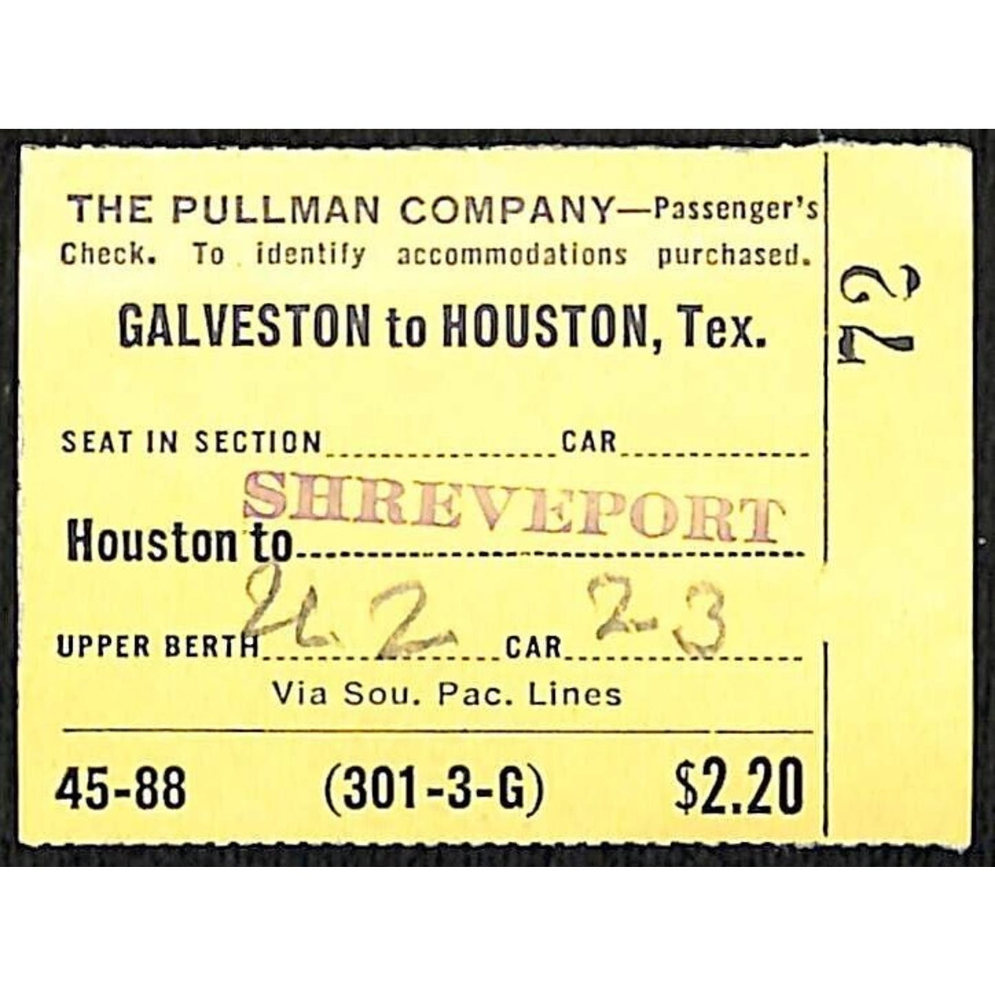 Pullman Company 1944 Railroad Ticket Galveston Houston Shreveport #72