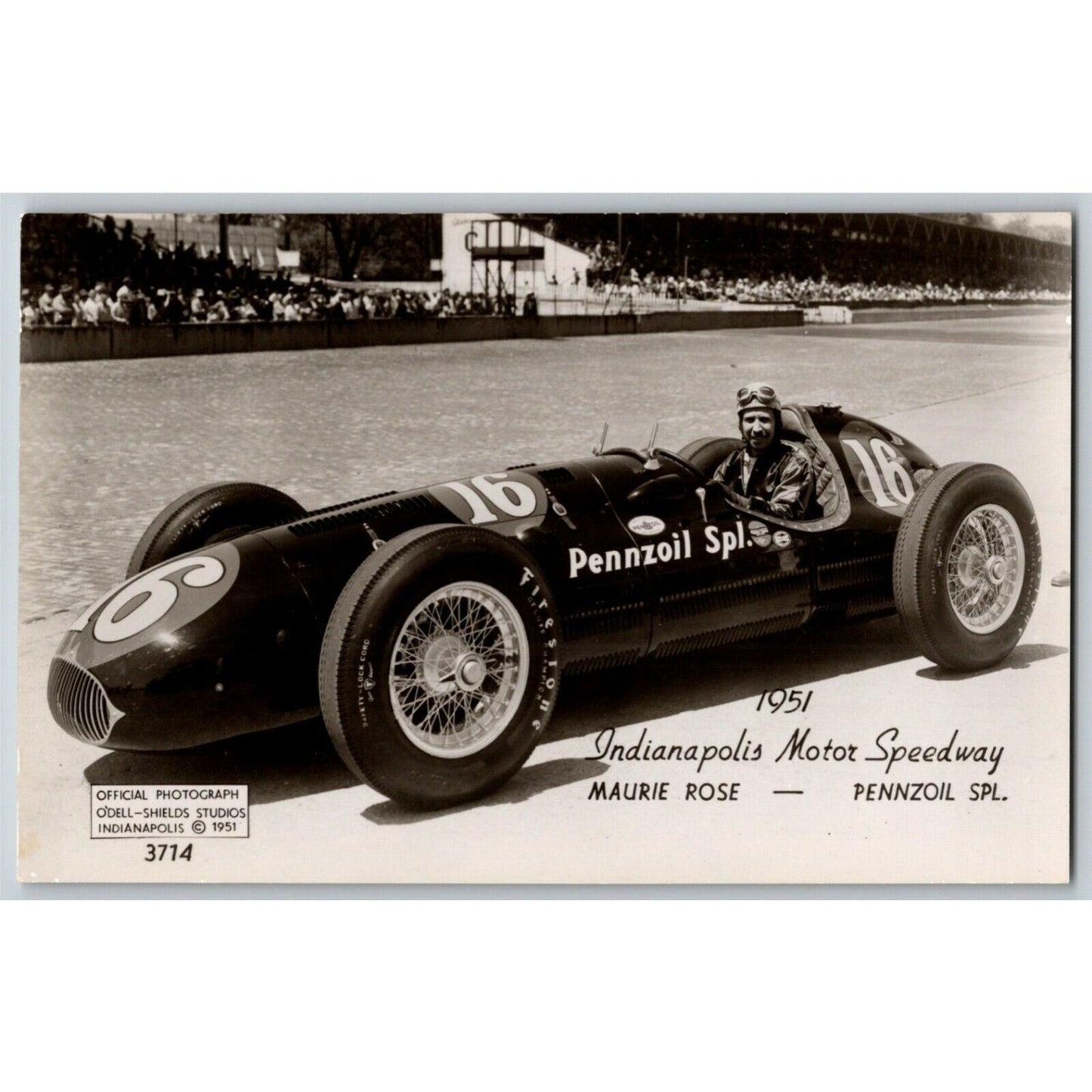 Indy 500 RPPC Postcard "1951 Maurie Rose" Official Race Photo Unposted VGC