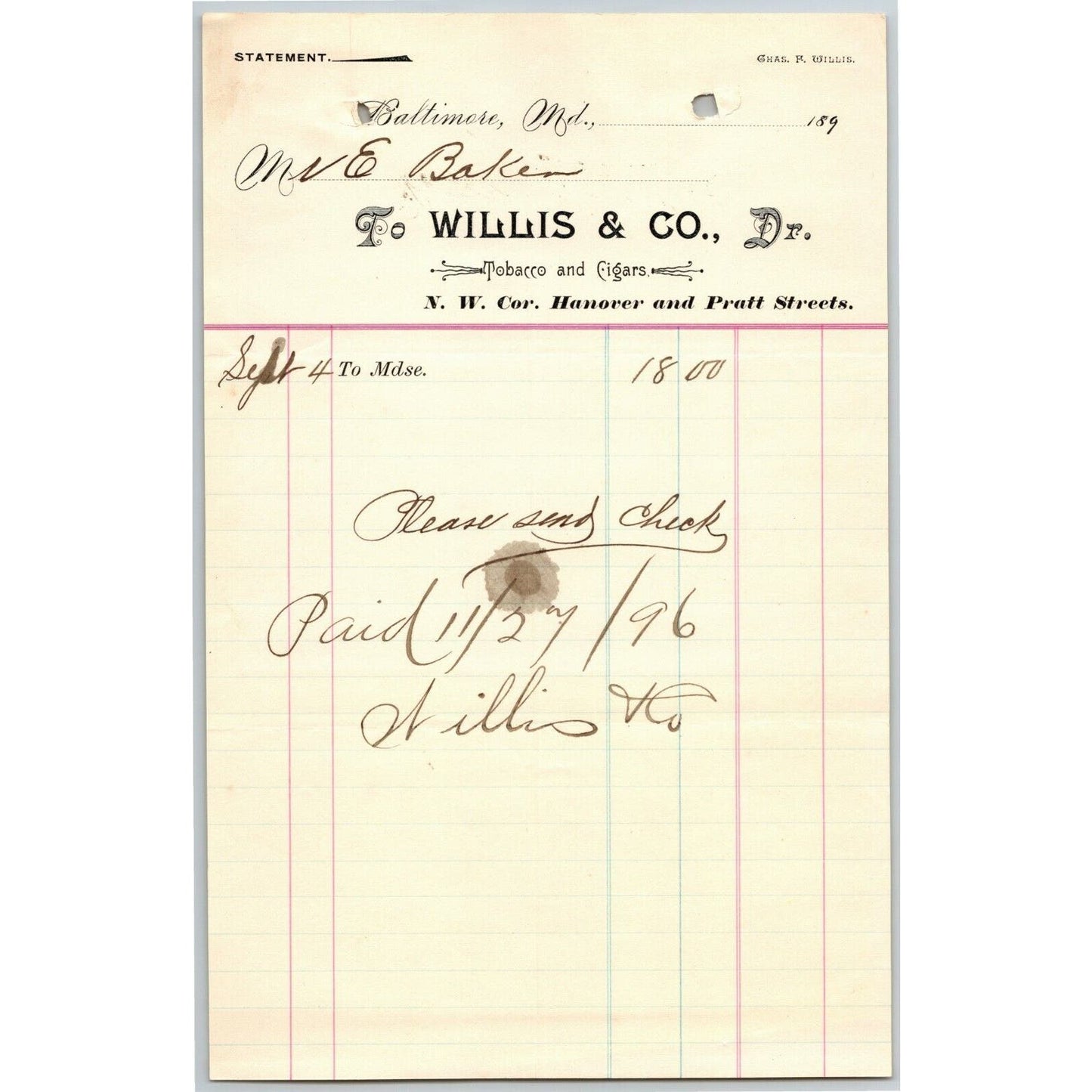 1896 Letterhead Billhead Willis & Co. Tobacco Cigars Baltimore Ephraim Baker*