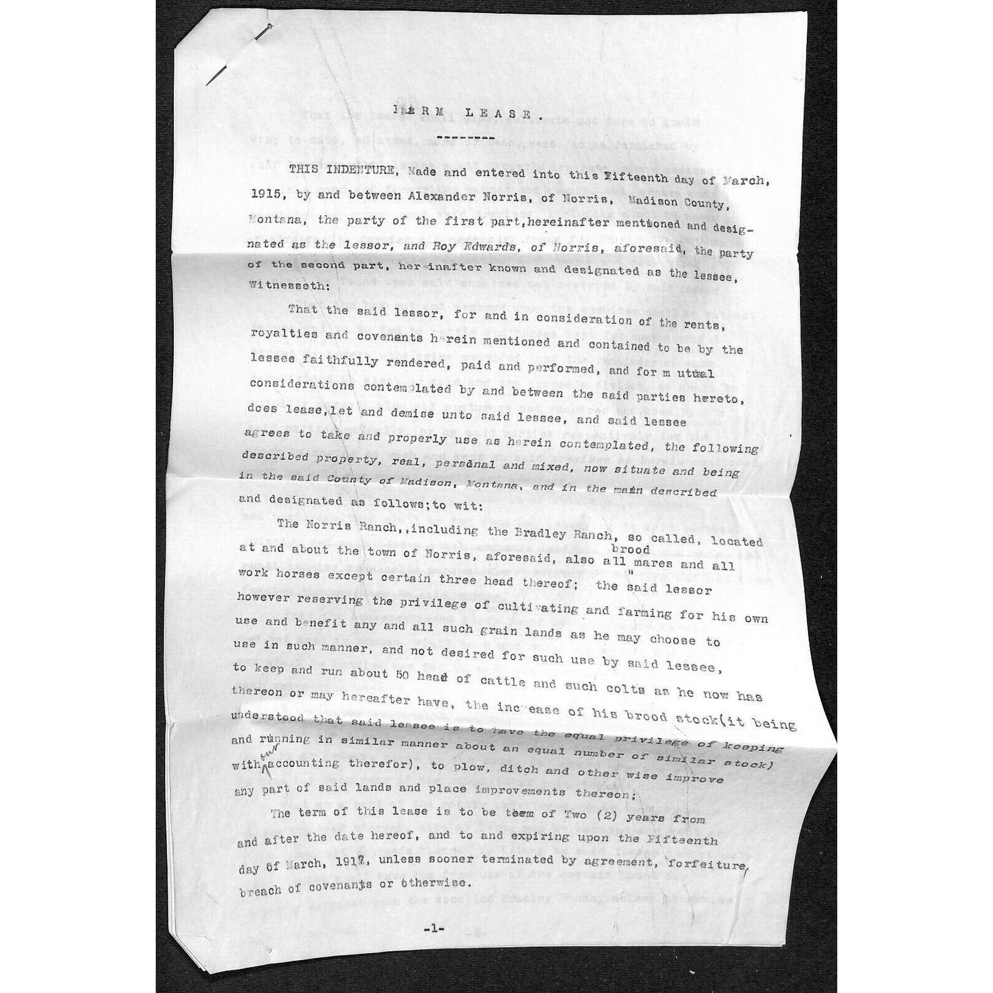 Morris Montana -1915 "The Morris Ranch" 2 Year Farm Lease "50 Head of Cattle" 3p