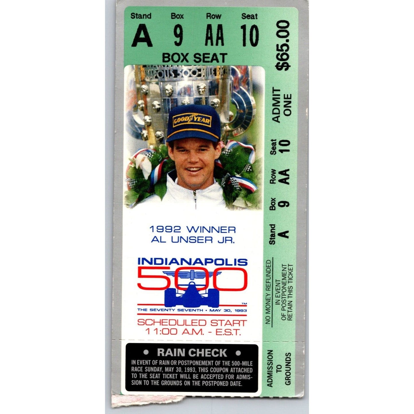 1993 Indianapolis 500 Ticket Stub Racing IMS Al Unser Jr. - seat 10