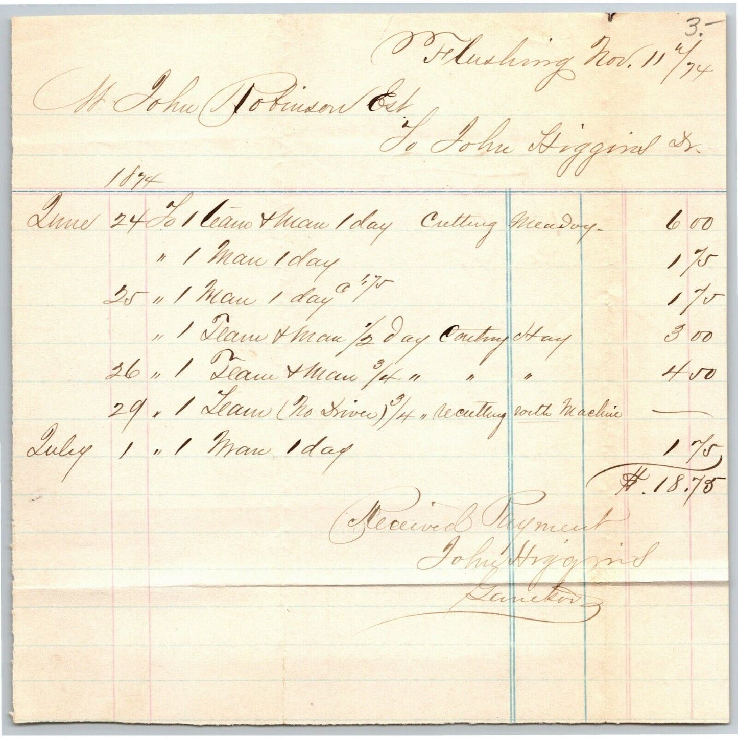 Flushing, Long Island John Robinson to John Higgins Handwritten Receipt 1874