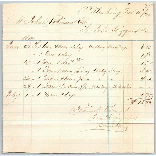 Flushing, Long Island John Robinson to John Higgins Handwritten Receipt 1874