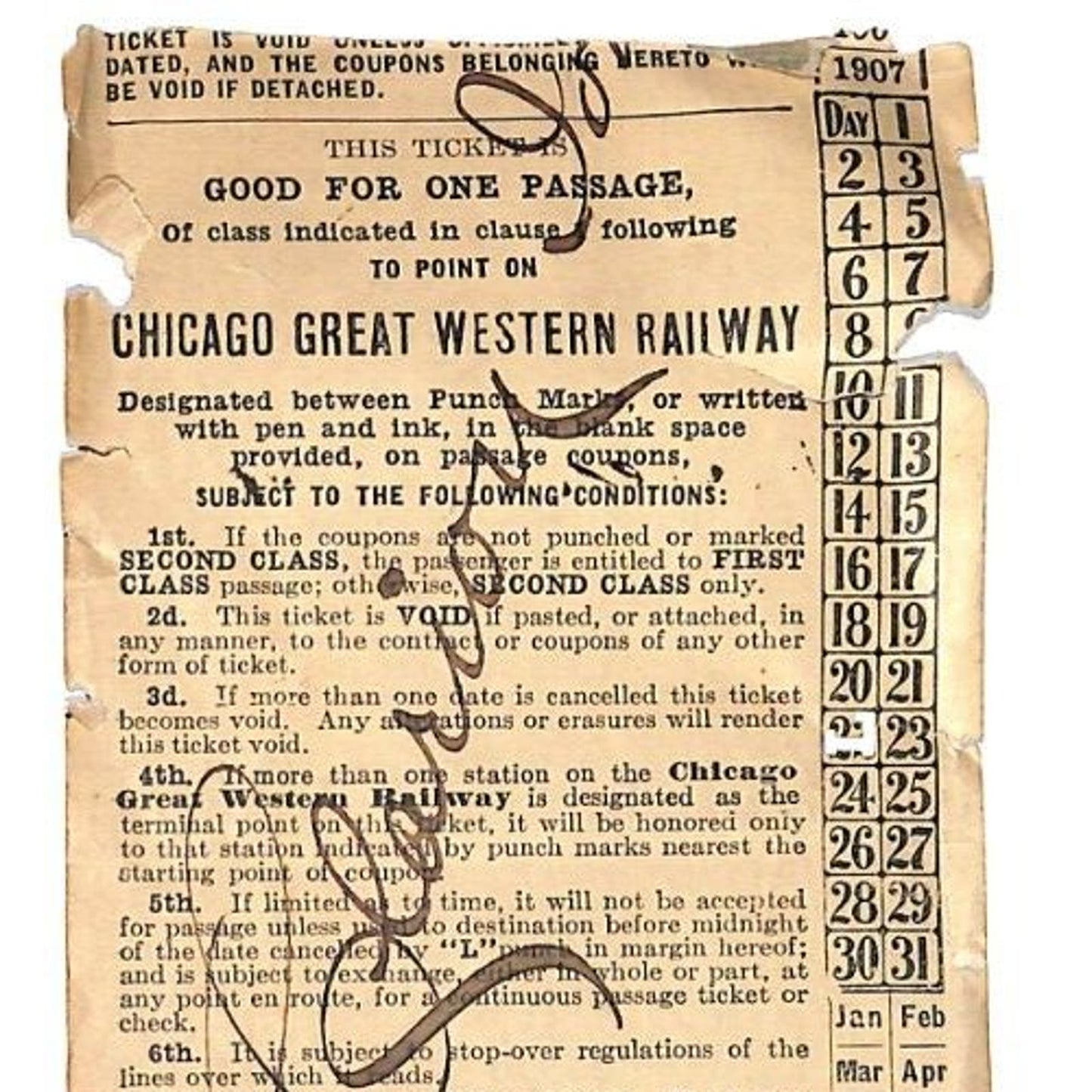Chicago Great Western Railway Railroad Ticket 1910 CGW