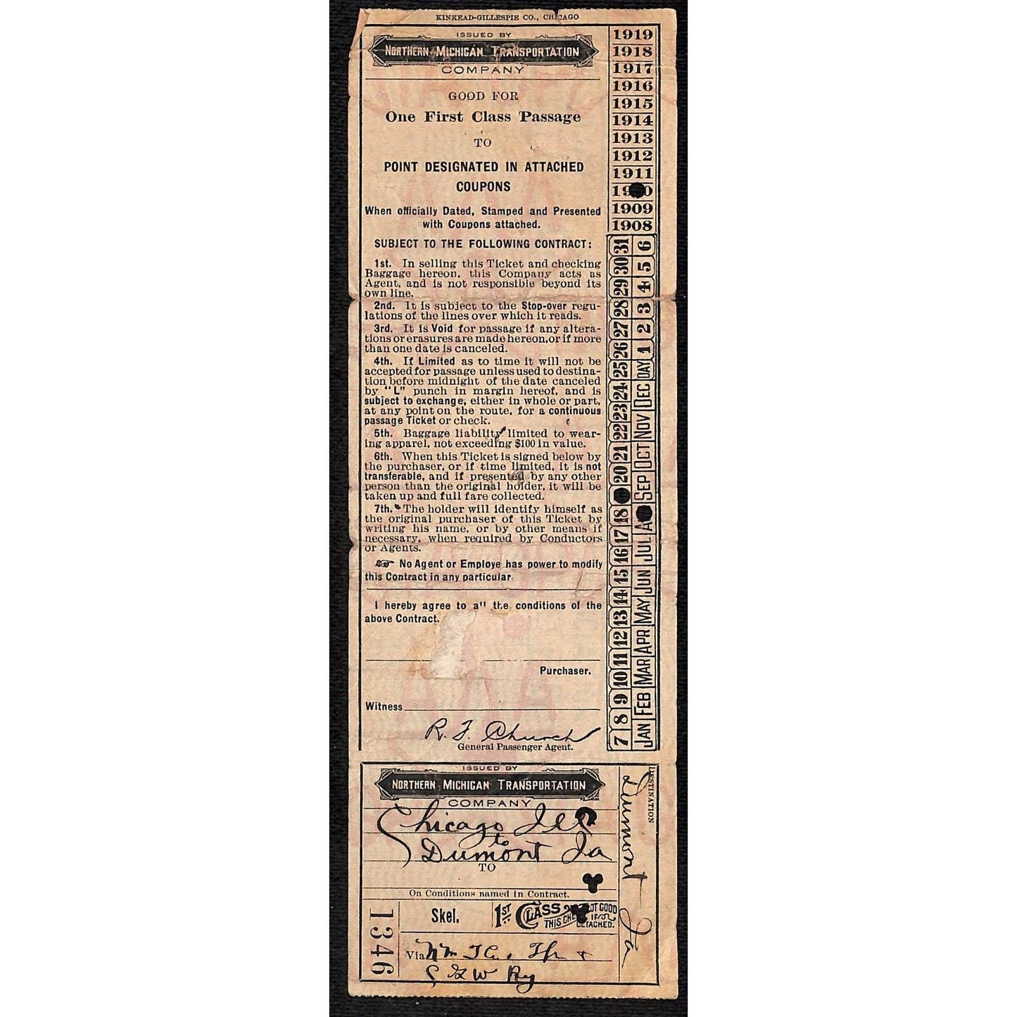 1910 Northern Michigan Transportation Co. Railroad Ticket Chicago to Dumont, IA