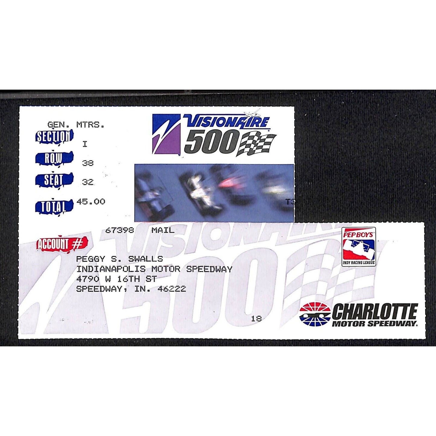 1998 Charlotte Motor Speedway Visionaire 500 Indy Ticket Stub Peggy Swalls*