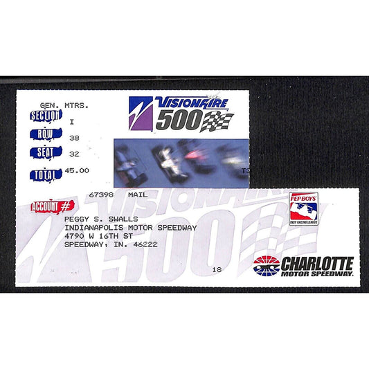 1998 Charlotte Motor Speedway Visionaire 500 Indy Ticket Stub Peggy Swalls*