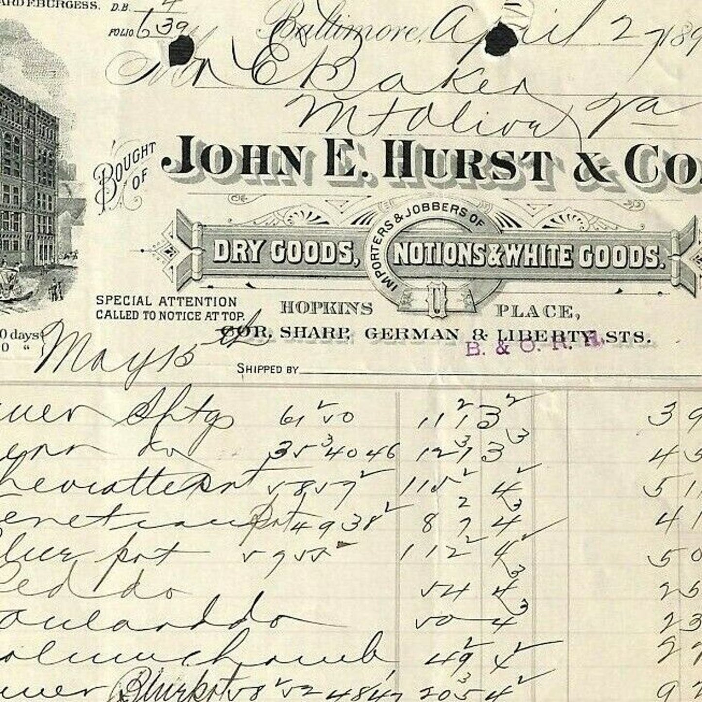 1896 Scarce Letterhead John E. Hurst & Co. Dry Goods Baltimore - E. Baker*