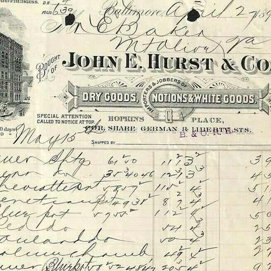 1896 Scarce Letterhead John E. Hurst & Co. Dry Goods Baltimore - E. Baker*