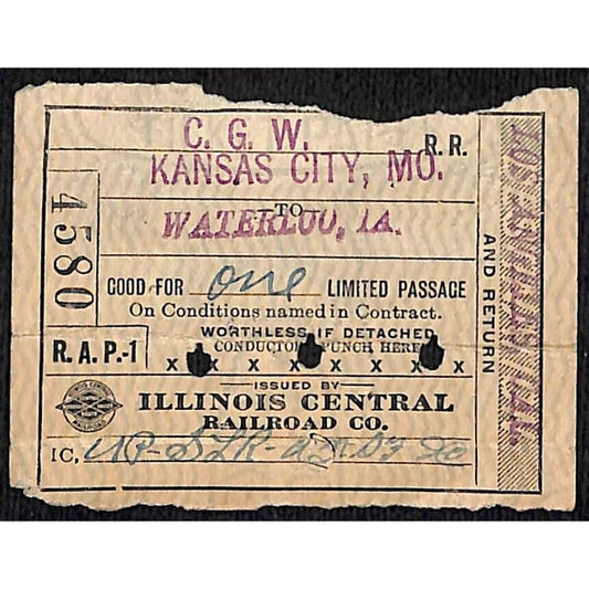 Illinois Central Railroad Ticket Kansas City, MO Waterloo, IA 1919 #4580