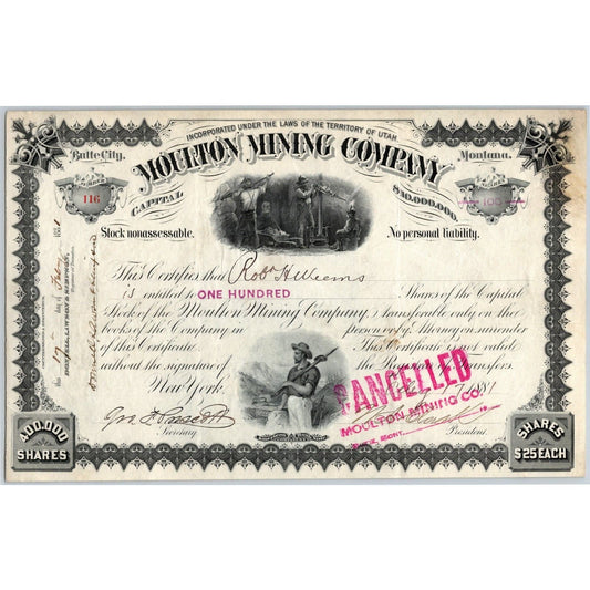 Moulton Mining Company Butte City Montana 1881 Stock Certificate #116 - Scarce