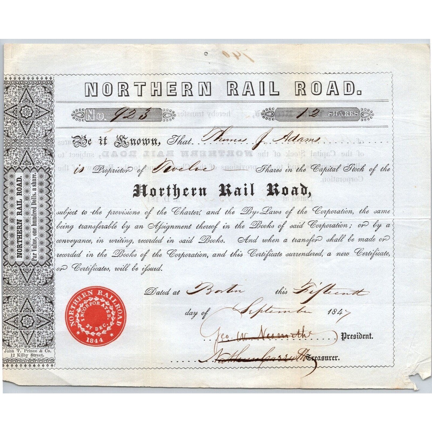 1847 Boston, MA Northern Railroad Stock Certificate No. 923 for 12 Shares