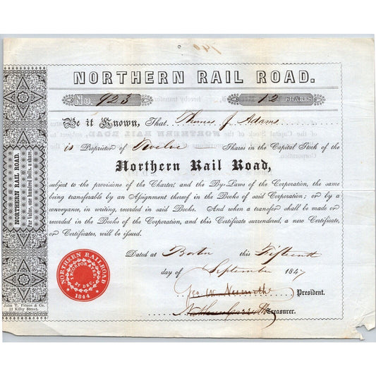1847 Boston, MA Northern Railroad Stock Certificate No. 923 for 12 Shares