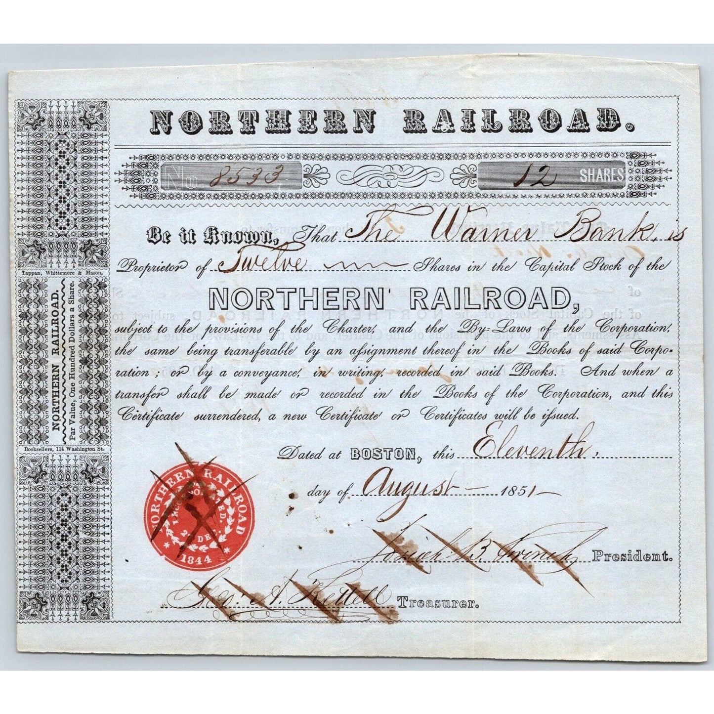 1851 Boston, MA Northern Railroad Stock Certificate No. 8533 for 12 Shares