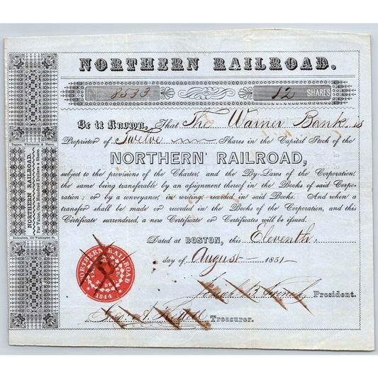 1851 Boston, MA Northern Railroad Stock Certificate No. 8533 for 12 Shares