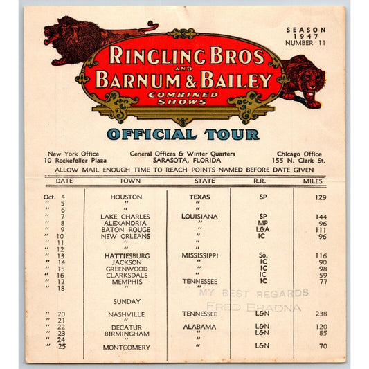 1947 Ringling Bros Barnum Bailey Circus Route Card New Orleans Memphis Nashville