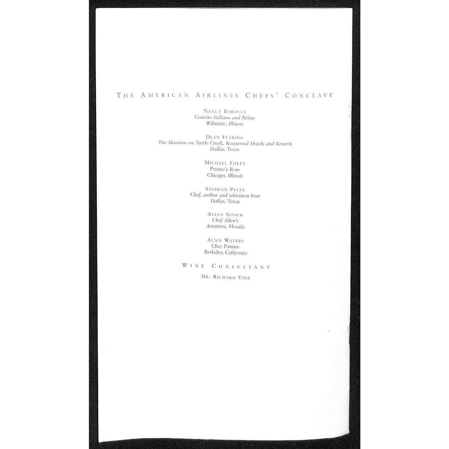 2005 American Airlines First Class Dining & Wine Menu w/ Ricky A. Richardson