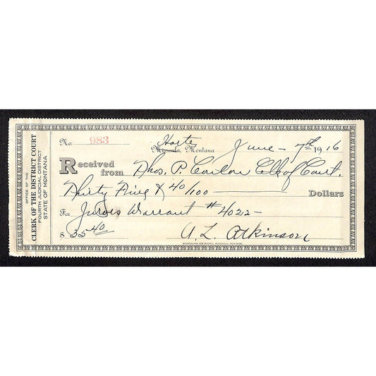 1916 Montana District Court Jurors Warrant Receipt / Billhead