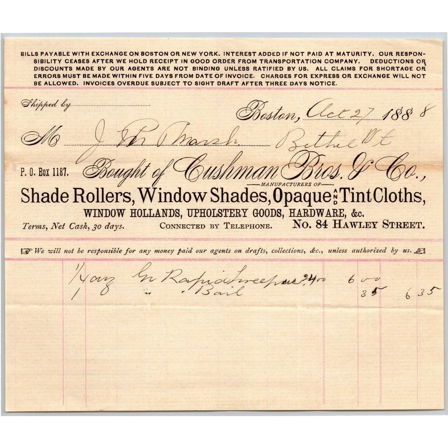 Boston, MA Cushman Bros. Shade Rollers 1888 Billhead JP Marsh Bethel, VT Scarce