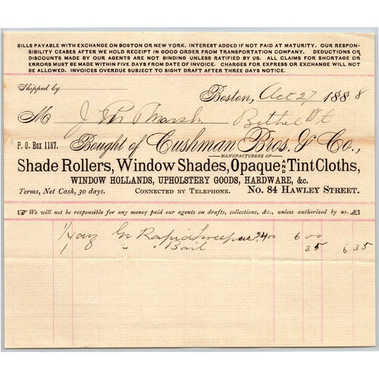 Boston, MA Cushman Bros. Shade Rollers 1888 Billhead JP Marsh Bethel, VT Scarce