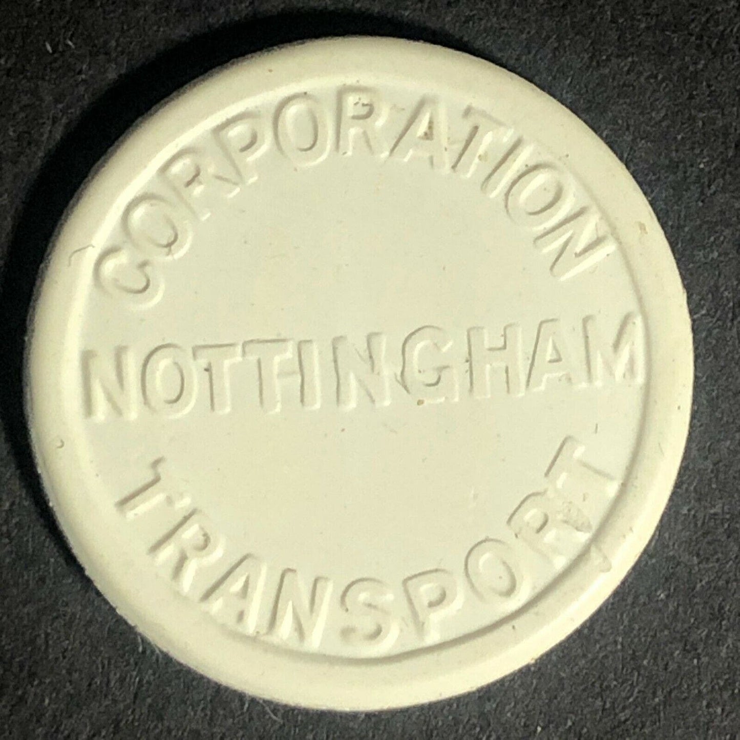 Nottingham Transport England Plastic Token White 1D 21mm c50's-60's