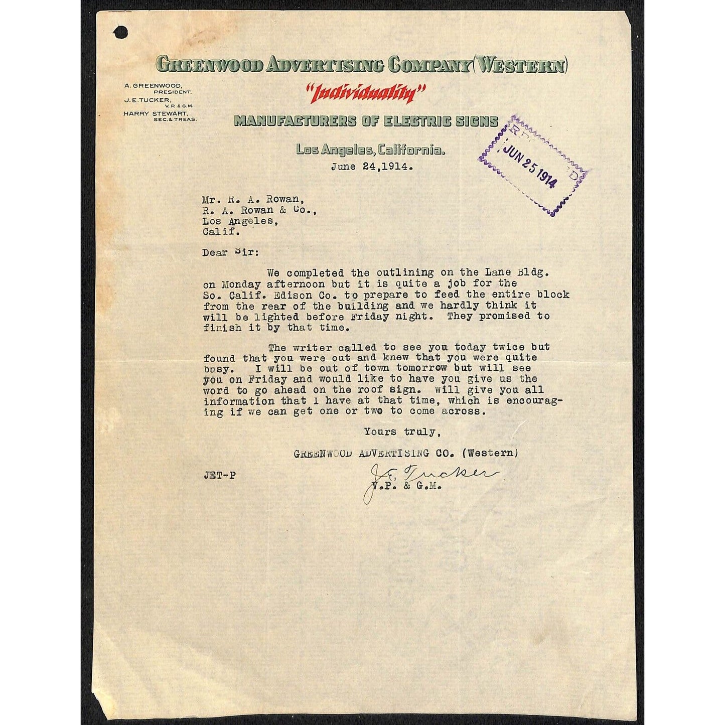 Greenwood Advertising Co. Electric Signs Los Angeles 1914 Letterhead R.A. Rowan