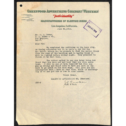 Greenwood Advertising Co. Electric Signs Los Angeles 1914 Letterhead R.A. Rowan