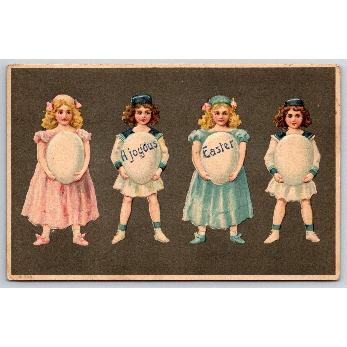 Easter Postcard "A Joyous Easter" 4 Girls Hold Large Message Eggs EMB. PM 1911