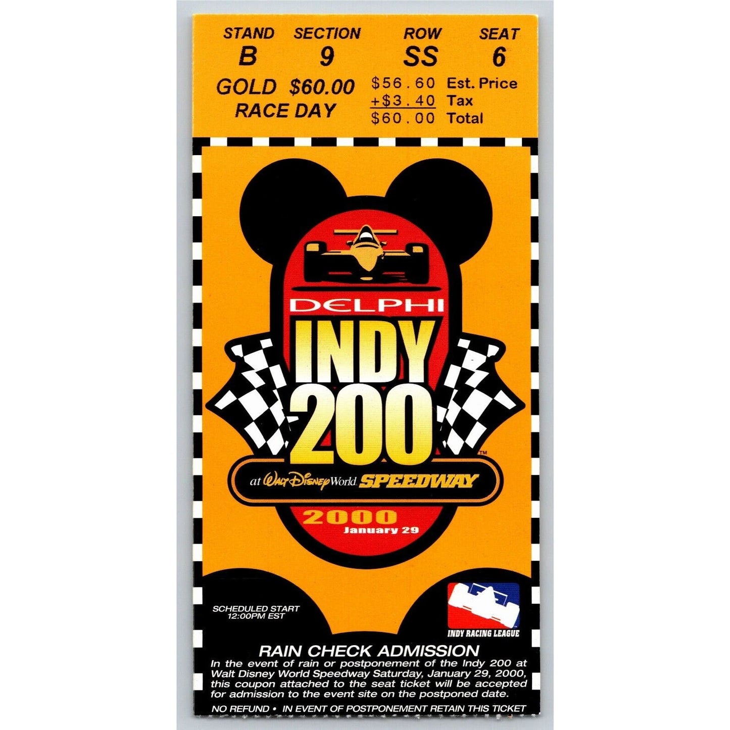 2000 Indy 200 Walt Disney World Speedway Ticket Stub - Seat 6