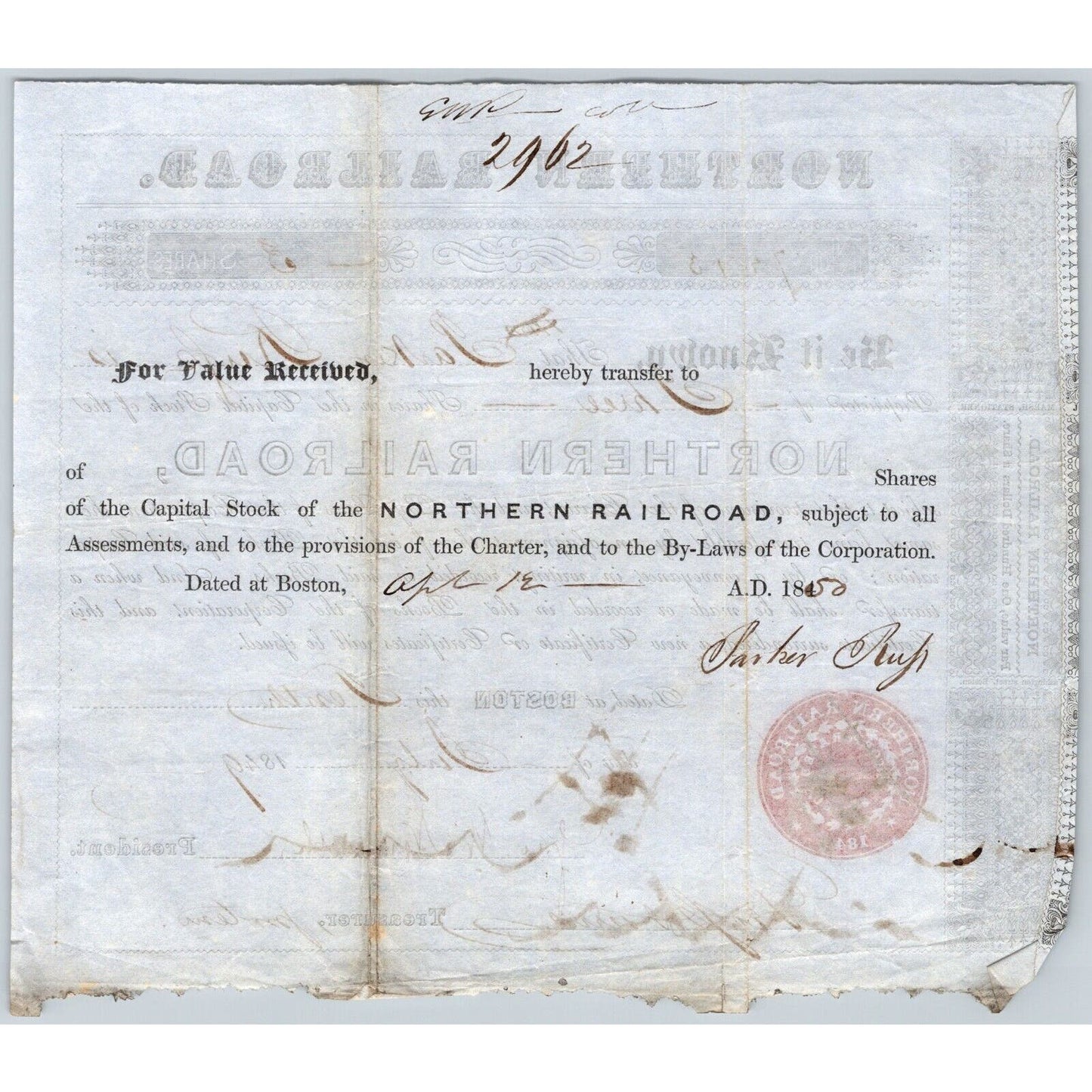 1849 Boston, MA Northern Railroad Stock Certificate No. 7213 for 3 Shares