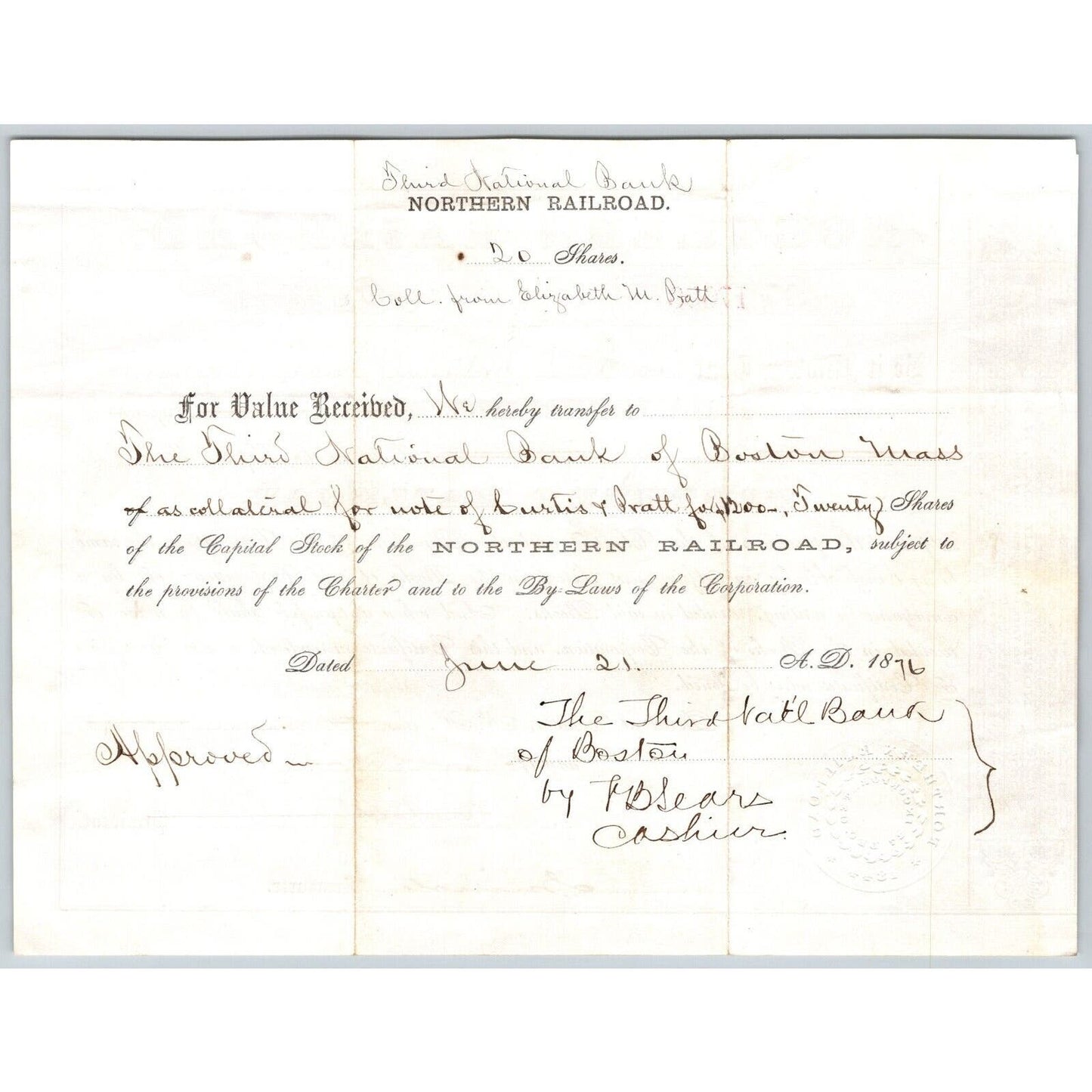 1876 Boston, MA Northern Railroad Stock Certificate No. 17598 for 20 Shares