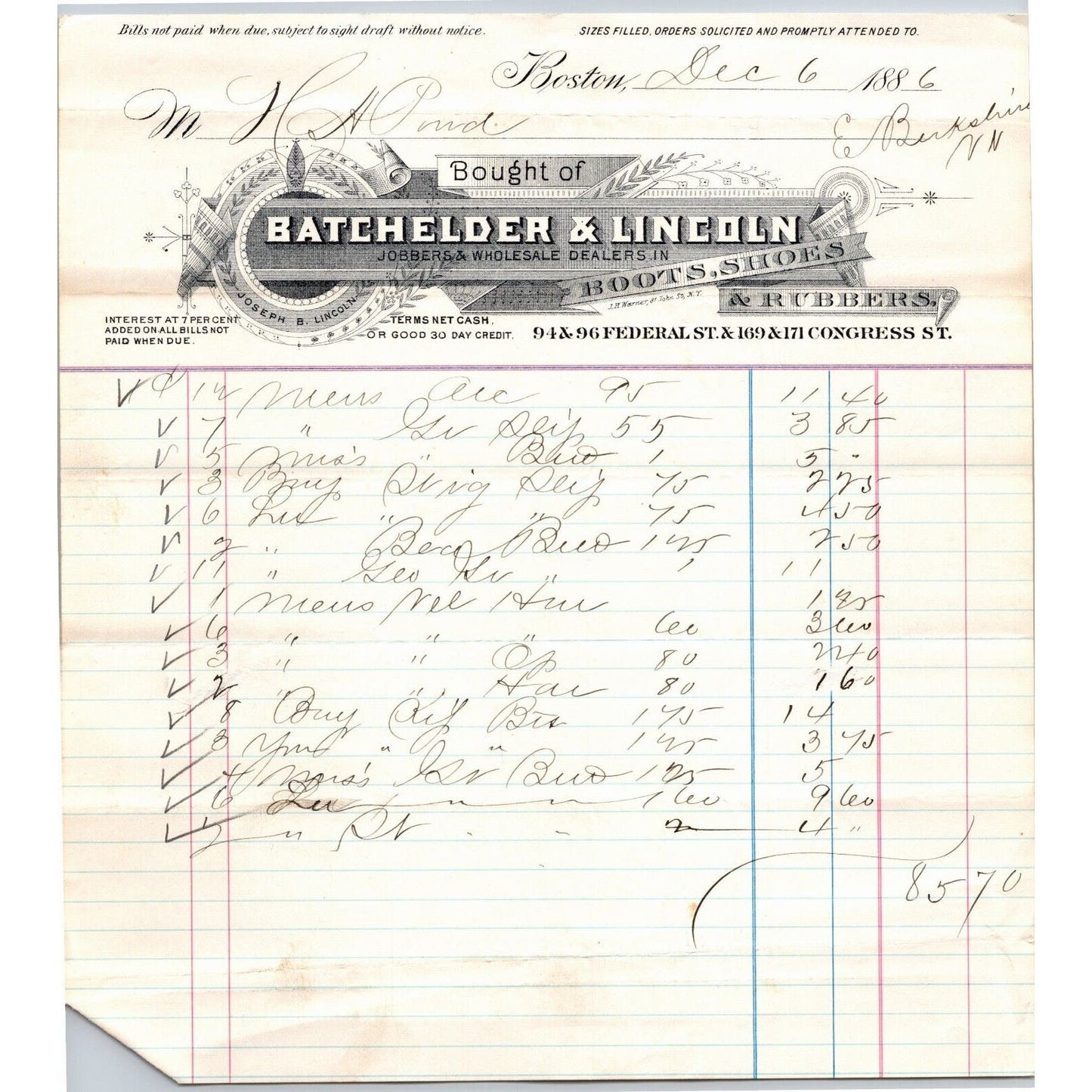 Boston, MA Batchelder & Lincoln Boots Shoes Rubbers 1886 Billhead Scarce