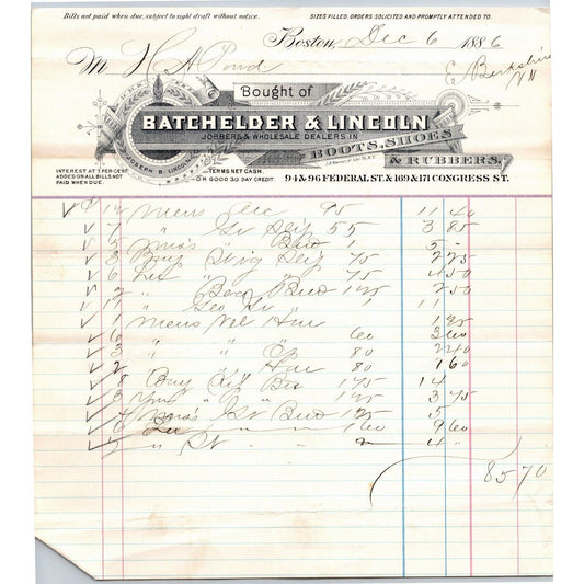 Boston, MA Batchelder & Lincoln Boots Shoes Rubbers 1886 Billhead Scarce